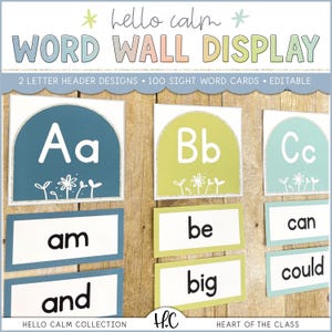 Mur de mots « Hello Calm » pour la classe avec cartes-mots modifiables | Décoration de classe pastel calme | Téléchargement numérique