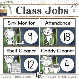 Klaslokaaltakendisplay met bewerkbare jobkaarten voor studenten | Bohoplanten Klaslokaal Jobs Board | Bundel boho-neutrale kleuren klaslokaaldecoratie