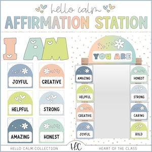 Hello Calm Classroom Affirmation Station with Editable Positive Affirmation Cards | Editable Pastel Cute Classroom Decor | Digital Download
