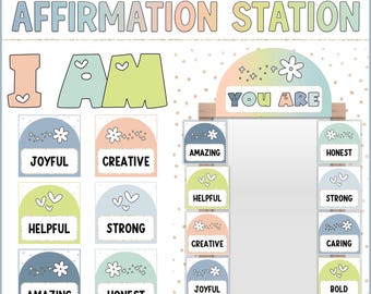 Hello Calm Classroom Affirmation Station with Editable Positive Affirmation Cards | Editable Pastel Cute Classroom Decor | Digital Download