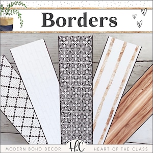 Pode incluir: Cinco designs de borda diferentes para decoração de sala de aula. Os designs incluem um padrão geométrico moderno, um design de tábuas de madeira branqueadas, um padrão de ladrilhos preto e branco, um padrão de listras douradas e um padrão de grão de madeira. O texto "Borders" está na parte superior da imagem. O texto "Heart of the Class" está na parte inferior da imagem.