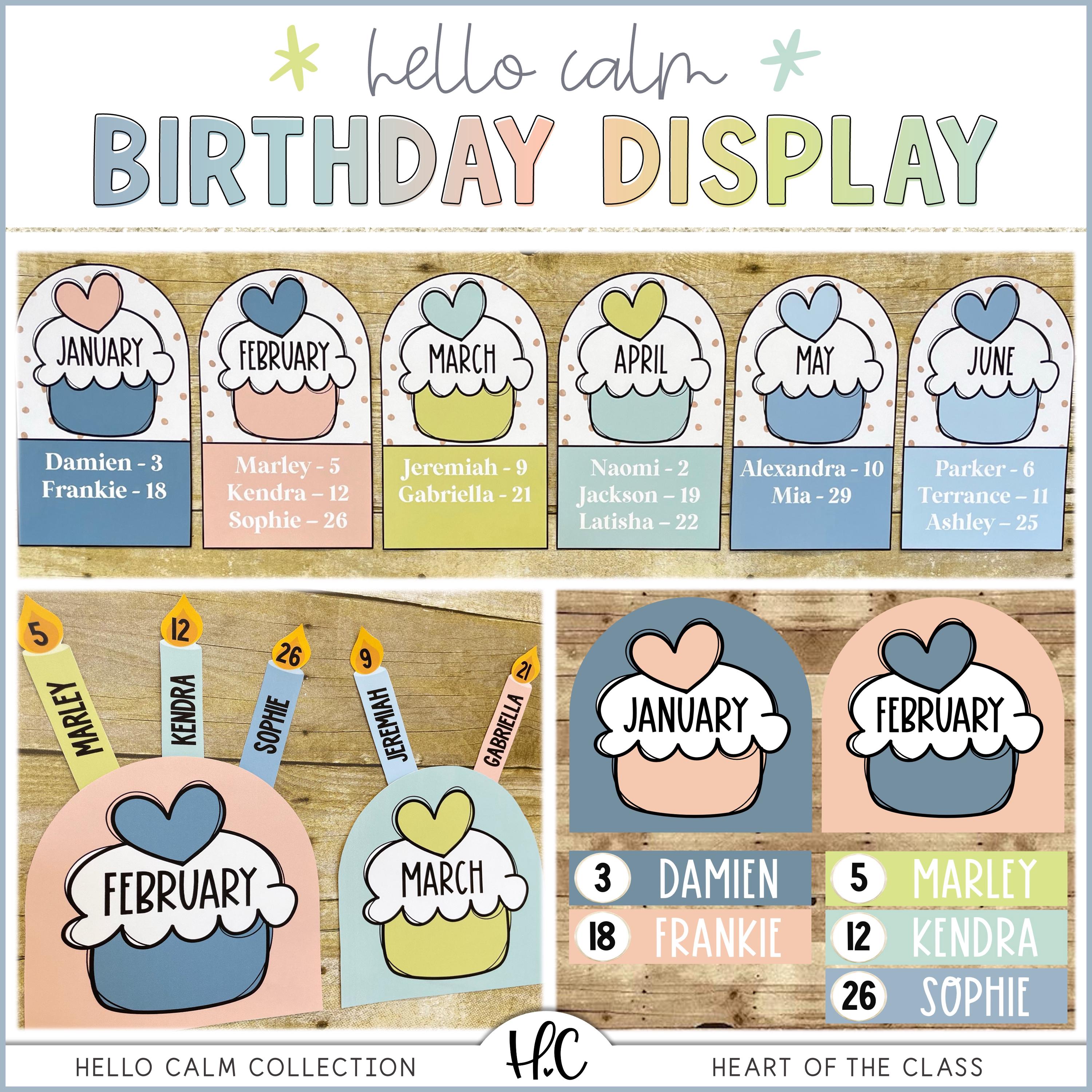 Classroom Birthday Bulletin Board Display | Editable Student Birthday Cupcakes | Hello Calm Pastel Classroom Decor | Digital Download