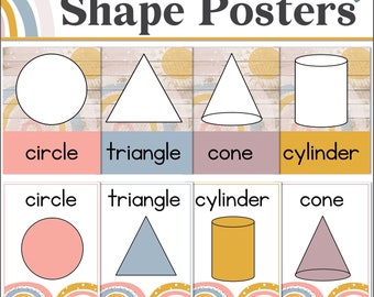 Classroom Shape Posters with 2D and 3D Shapes | Editable Text | Boho Rainbow Classroom Decor