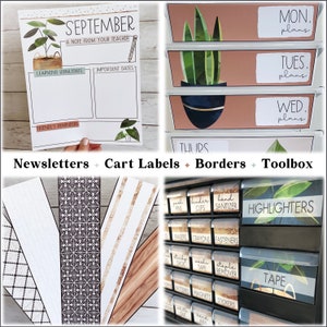 May include: A set of classroom organization labels with a green plant theme. The labels are printed on white paper with black text and feature a green plant illustration. The labels are designed for use in a classroom setting and include labels for "Mon. plans", "Tues. plans", "Wed. plans", "Thurs", "Highlighters", and "Tape".