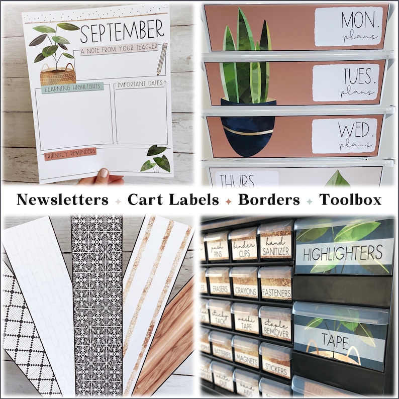 May include: A set of classroom organization labels with a green plant theme. The labels are printed on white paper with black text and feature a green plant illustration. The labels are designed for use in a classroom setting and include labels for "Mon. plans", "Tues. plans", "Wed. plans", "Thurs", "Highlighters", and "Tape".