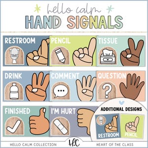 Hello Calm Classroom Hand Signals Posters Non-verbal Communication for Students  | Editable Pastel Classroom Decor | Digital Download