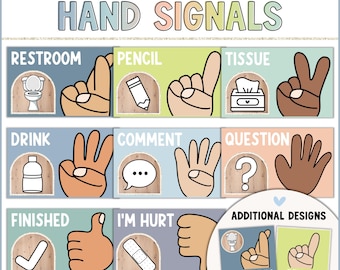 Hello Calm Classroom Hand Signals Posters Non-verbal Communication for Students  | Editable Pastel Classroom Decor | Digital Download