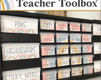 Boîte à outils de l'enseignant | Étiquettes modifiables de la boîte à outils de l'enseignant | Boîte à outils pour la classe | Décoration de classe bohème arc-en-ciel | Décoration de classe modifiable