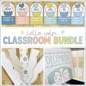 May include: A classroom bundle featuring cupcake-themed month labels and student names. The image includes decorative bookmarks and a binder labelled "December." The text "hello calm" and "CLASSROOM BUNDLE" are also visible.