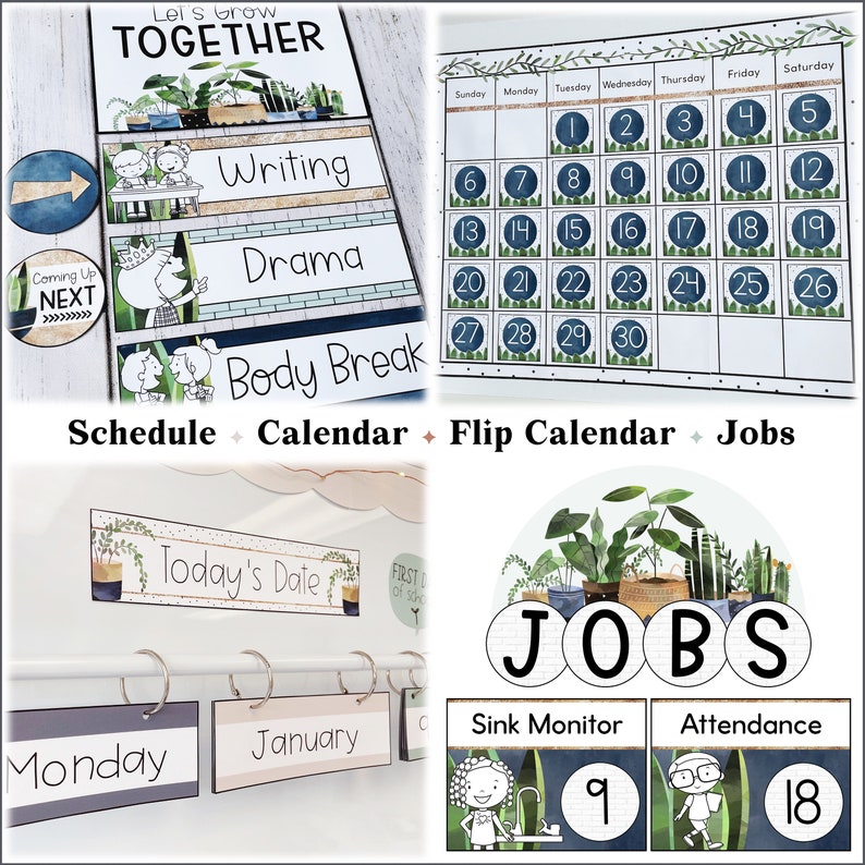 May include: Classroom decor set with a green and white color scheme. The set includes a schedule board, a calendar, a flip calendar, and a jobs chart. The schedule board has the words "Let's Grow Together" at the top and includes labels for "Writing", "Drama", and "Body Break". The calendar is a monthly calendar with green leaves around each date. The flip calendar has a green and white design with the words "Today's Date" at the top. The jobs chart has a green and white design with the words "Jobs" at the top and includes labels for "Sink Monitor" and "Attendance".