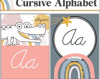 Cursive Alphabet Posters | Boho Rainbow Classroom Cursive Posters | Boho Rainbow Classroom Decor