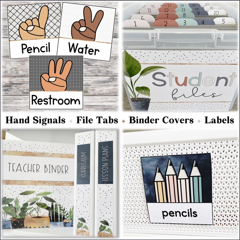 May include: A set of classroom organization supplies featuring a white and black polka dot pattern with gold accents. The set includes hand signals, file tabs, binder covers, and labels. The labels include the words "Teacher Binder", "Curriculum", "Lesson Plans", and "Pencils".