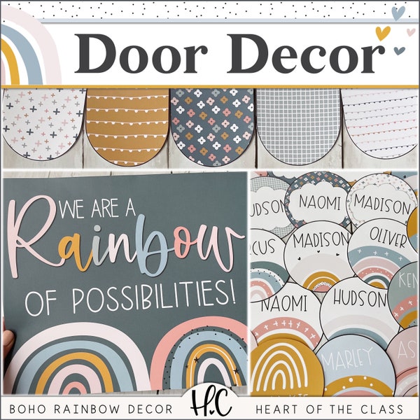 Classroom Door Decor | Editable Door Decor for Boho Rainbow Classroom | Boho Classroom Bulletin Board | Rainbow Door Decor Name Tags