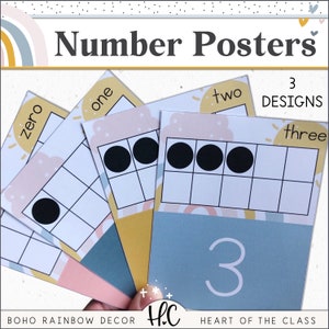 May include: A set of three colorful number posters with a boho rainbow design. The posters feature the numbers zero, one, two, and three with corresponding ten frames and dots. The posters are labeled "BOHO RAINBOW DECOR" and "HEART OF THE CLASS".