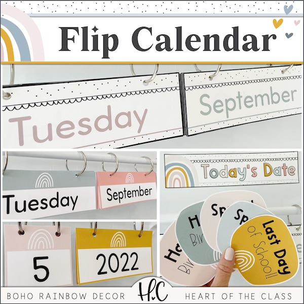 Flip Calendar | Boho Rainbow Classroom Decor | Classroom Calendar