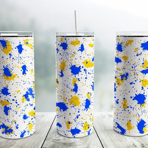 Blue Gold Yellow Power Wash Tumbler Wrap PNG, Splash 20 oz Skinny Tumbler Sublimation Design, Add School Logo, Splatter Painting