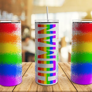 Human LGBT Tumbler Wrap PNG, 20 oz Skinny Tumbler Gay Pride Flag Rainbow Glitter Sublimation Design Straight Tapered Template