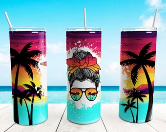 Beach Messy Bun Mom Tumbler Wrap PNG, 20 oz Skinny Tumbler Beach Life Sublimation Design Straight Tapered Template, Summer Tumbler