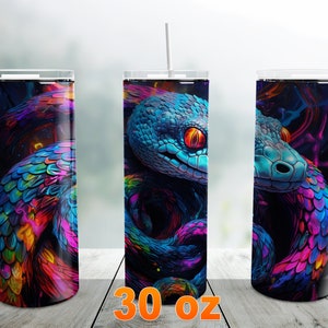 Neon Snake Tumbler Wrap PNG, Rainbow Colorful 30 oz Skinny Tumbler Sublimation Design Template, Digital Download