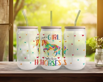 Gewoon een meisje dat van paarden houdt Libbey Glass Wrap PNG, 16oz Glass Can Sublimation Flowers Design Template, Digitale Download