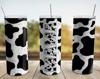 May include: Three stainless steel tumblers with a black and white cow print design. The middle tumbler has the word "Mama" written vertically in black on the front.