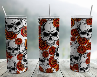 Skulls And Flowers Tumbler Wrap PNG, Skull Full 20 oz Skinny Tumbler Sublimation Design Straight Tapered Template, Digital Download
