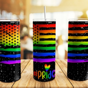 Pride LGBT Tumbler Wrap PNG, 20 oz Skinny Tumbler Gay Pride Flag Rainbow Black Glitter Sublimation Design Straight Tapered Template