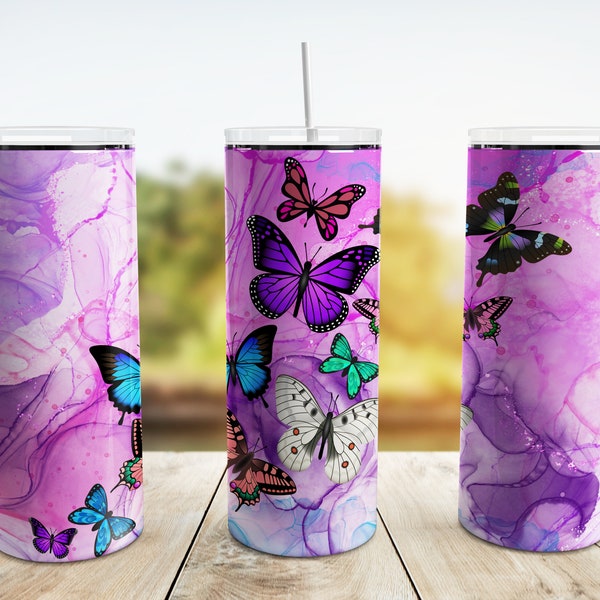 Alkohol Tinte Schmetterling Tumbler Wrap PNG, 20 oz Skinny Tumbler Sublimation Design Straight Tapered Template, Digitaler Download