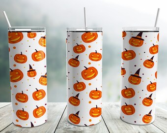 Halloween Pumpkins Tumbler Wrap PNG, 20 oz Skinny Tumbler Sublimation Design Template, Orange Seamless Tumbler Wrap, Halloween Tumbler Png