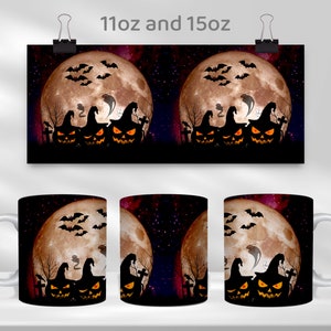 Spooky Night Mug Sublimation Template, Bat, Moon, Ghost, Pumpkin 11oz & 15oz Mug Wrap Sublimation Design, Halloween Mug Png