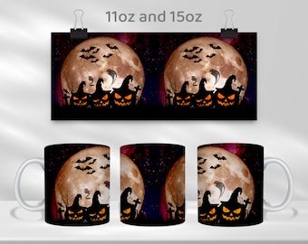 Spooky Night Mug Sublimation Template, Bat, Moon, Ghost, Pumpkin 11oz & 15oz Mug Wrap Sublimation Design, Halloween Mug Png