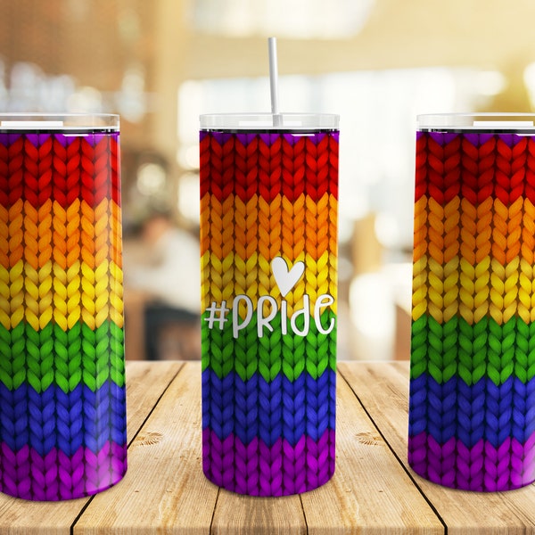 Pride LGBT Tumbler Wrap PNG, Knitted 20 oz Skinny Tumbler Gay Pride Flag Rainbow Sublimation Design Template, Seamless Tumbler Wrap