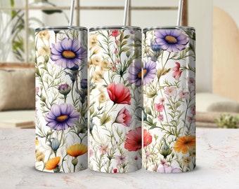 Field Flowers Tumbler Wrap PNG, Floral 20 oz Skinny Tumbler Sublimation Design Template, Seamless Tumbler Wrap