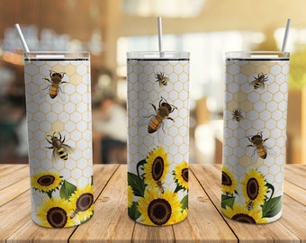Bee Tumbler Wrap PNG | Sunflowers, Honeycomb 20 oz Skinny Tumbler Sublimation Design Straight Tapered Template, Digital Download