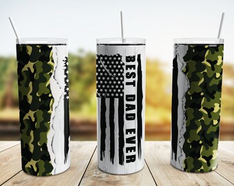 Best Dad Ever Tumbler Wrap PNG, Father's Day 20 oz Skinny Tumbler Sublimation Design Template, Dad Camo American Flag, Digital Download