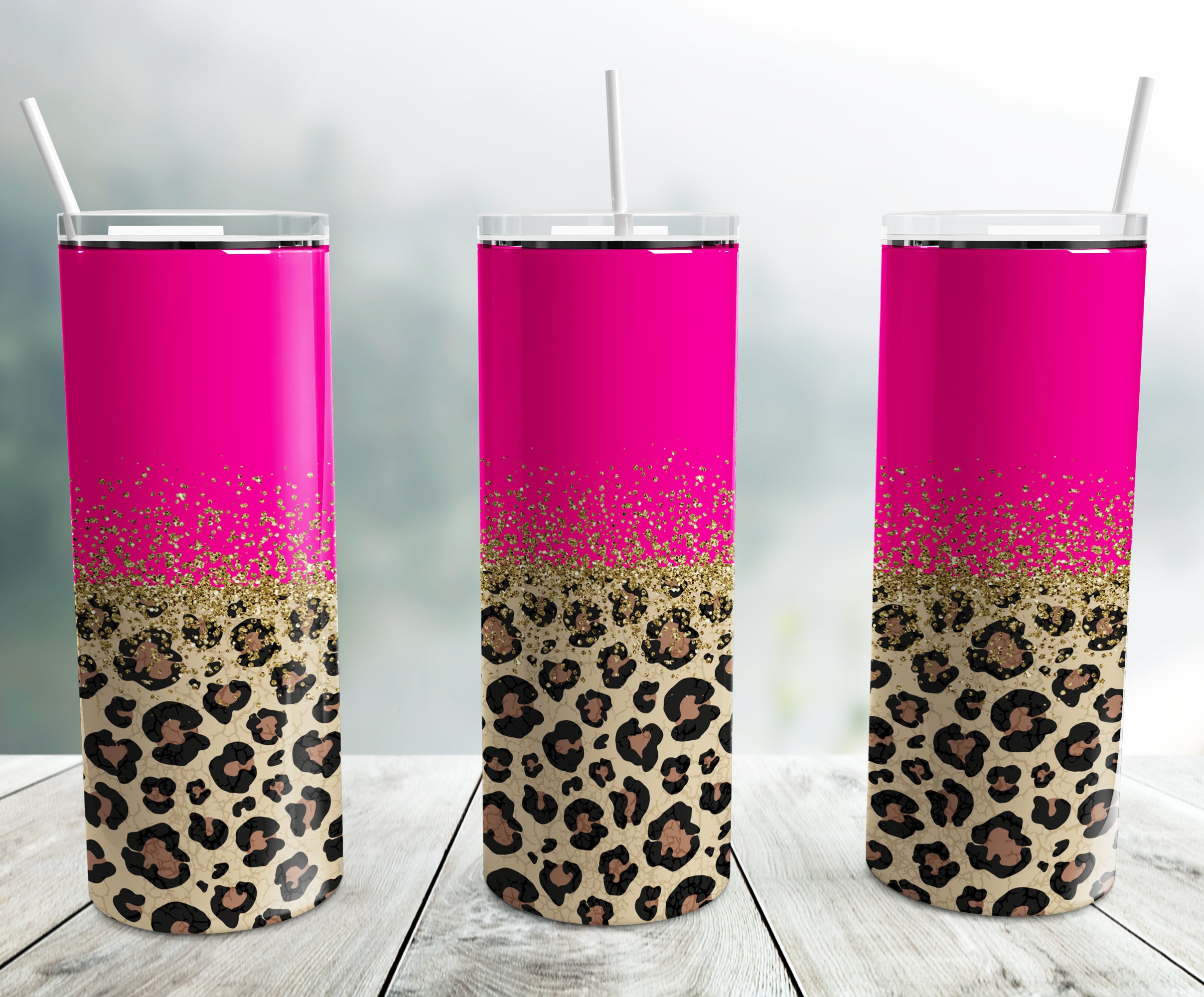 Glitter Gold Hot Pink Horizontal Leopard Tumbler Wrap PNG, 20 Oz Skinny ...