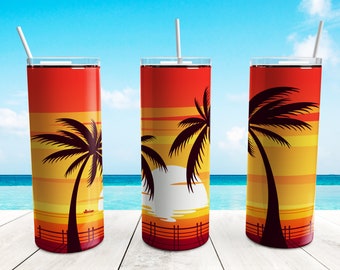 Beach Sunset Tumbler Wrap PNG, 20 oz Skinny Tumbler Summer Palm Sublimation Design Straight Tapered Template, Digital Download