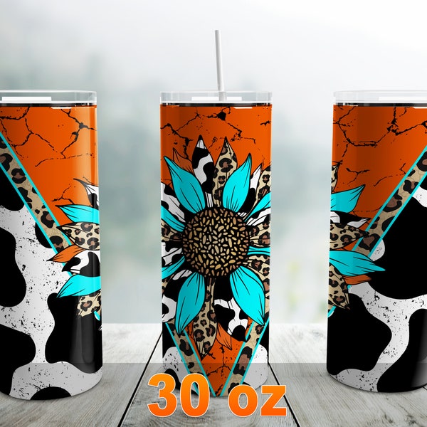 Orange Gem Stone Cow Tumbler Wrap PNG, Western Sunflower 30 oz Skinny Tumbler Sublimation Design Template, Leopard Seamless Tumbler Wrap