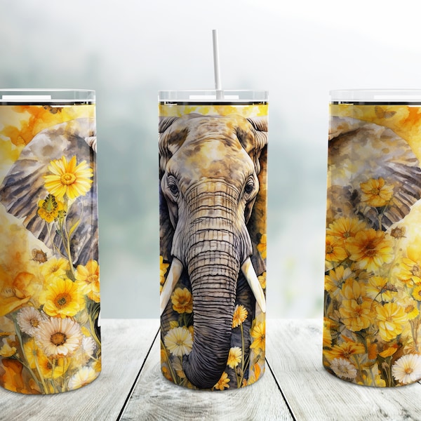 Elephant Sunflowers Tumbler Wrap PNG, Watercolor Flowers 20 oz Skinny Tumbler Sublimation Design Template, Digital Download