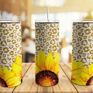 Sunflowers Leopard Print Tumbler Wrap PNG, Gold Glitter Seamless 20 oz Skinny Tumbler Sublimation Design Template, Digital Download