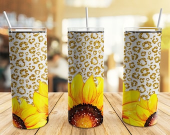Sonnenblumen LeopardEn Druck Becher Wrap PNG, Gold Glitzer Nahtlos 20 oz Skinny Tumbler Sublimation Design Vorlage, Digitaler Download