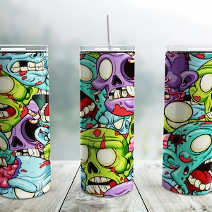 Halloween Zombie Tumbler Wrap PNG, Scary Zombie Heads 20 oz Skinny Tumbler Sublimation Design Template, Skull Tumbler Wrap, Seamless Tumbler