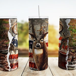 Deer Hunting Tumbler Wrap PNG, Camo Hunt 20 oz Skinny Tumbler Sublimation Design Template, American Flag, Digital Download
