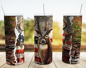 Deer Hunting Tumbler Wrap PNG, Camo Hunt 20 oz Skinny Tumbler Sublimation Design Template, American Flag, Descarga digital