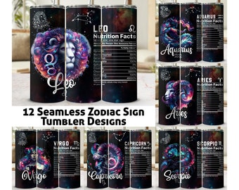 12 Zodiac Bundle Tumbler Wrap PNG, Star Sign Nutrition Facts 20 oz Skinny Tumbler Sublimation Design, Astrology, Celestial Signs Astrologer