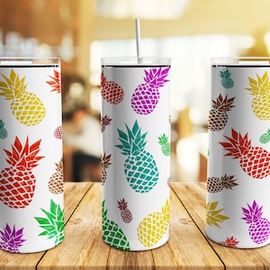 Colorful Pineapple Tumbler Wrap PNG, 20 oz Skinny Tumbler Sublimation Design Straight Tapered Template, Digital Download
