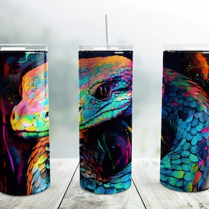 Neon Snake Tumbler Wrap PNG, Rainbow Colorful 20 oz Skinny Tumbler Sublimation Design Template, Digital Download