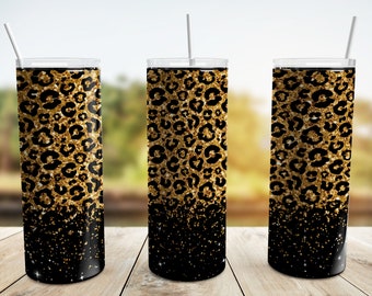 Leopard Tumbler Wrap PNG, Leopard Print 20 oz Skinny Tumbler Sublimation Design Template, Gold Leopard Glitter, Cheetah, Digital Download