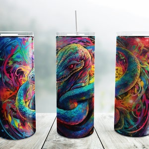 Neon Snake Tumbler Wrap PNG, Rainbow Colorful 20 oz Skinny Tumbler Sublimation Design Template, Digital Download