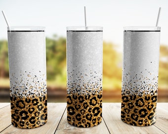 Leopard Tumbler Wrap PNG, Leopard Print 20 oz Skinny Tumbler Sublimation Design Template, Gold Leopard Glitter, Cheetah, Digital Download